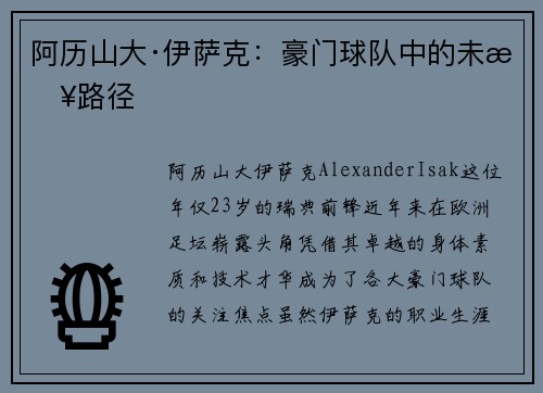 阿历山大·伊萨克：豪门球队中的未来路径